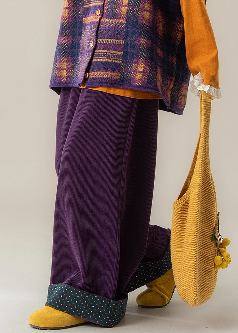 Women Purple Dot Elastic Waist Wide Leg Pants Fall