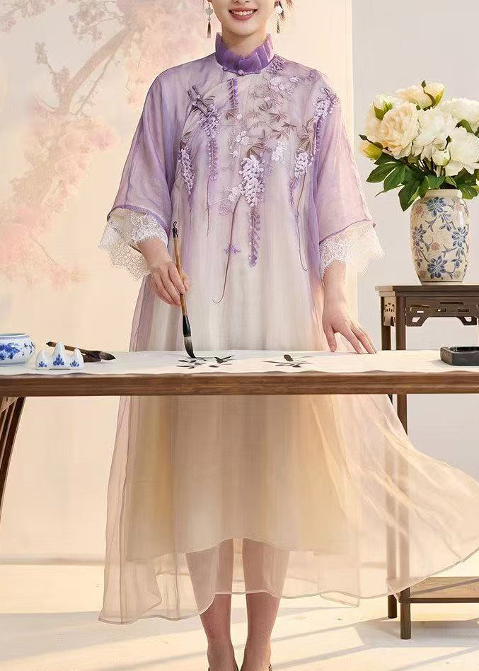 Women Purple Embroidered Silk Vacation Dresses Summer