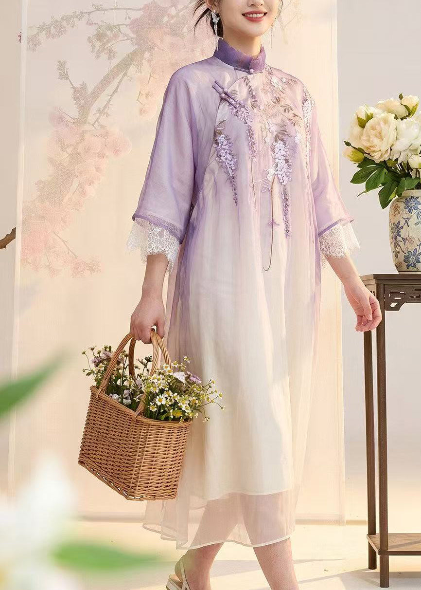 Women Purple Embroidered Silk Vacation Dresses Summer