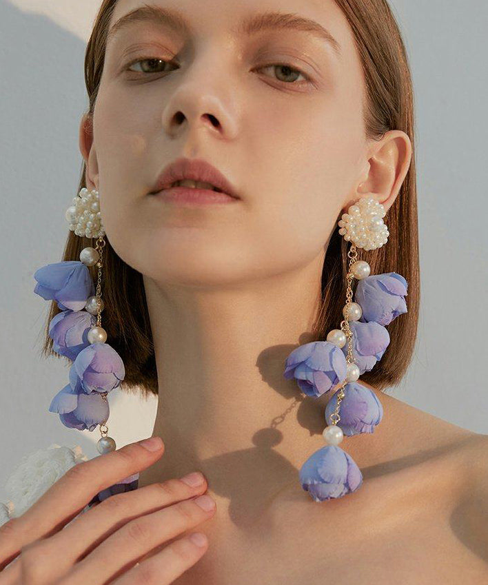 Women Purple Flower Tasseled Pearl Drop Earrings - Omychic