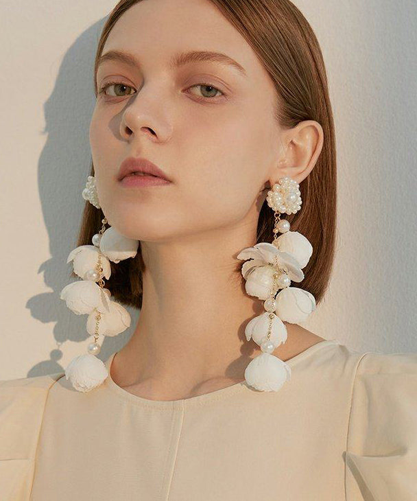 Women Purple Flower Tasseled Pearl Drop Earrings - Omychic