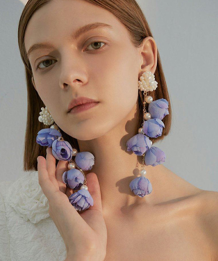 Women Purple Flower Tasseled Pearl Drop Earrings - Omychic