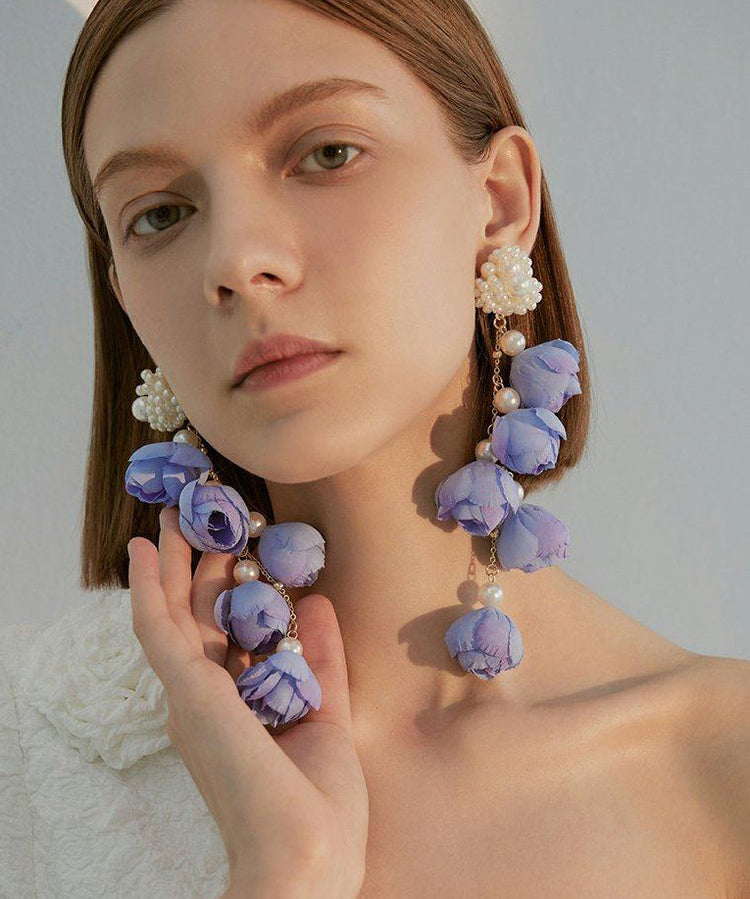Women Purple Flower Tasseled Pearl Drop Earrings - Omychic