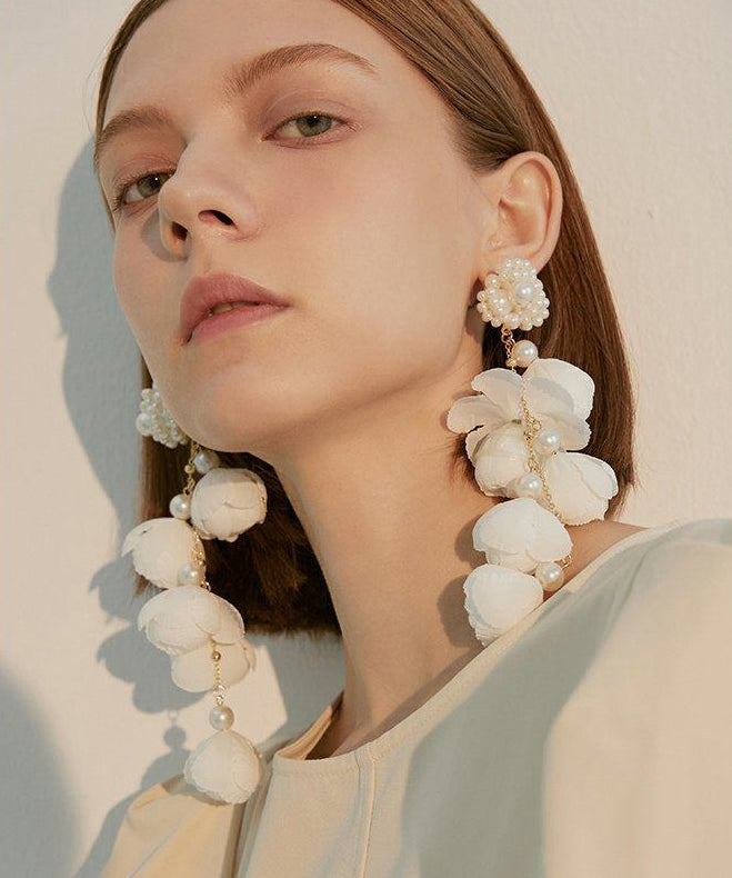 Women Purple Flower Tasseled Pearl Drop Earrings - Omychic