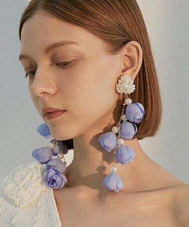 Women Purple Flower Tasseled Pearl Drop Earrings - Omychic