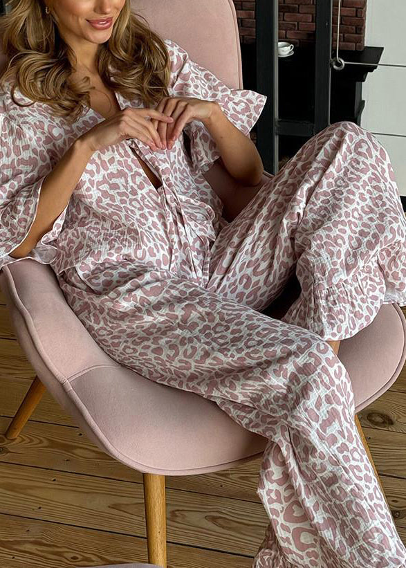 Women Purple Leopard Print Lace Up Cotton Pajama Sets Summer