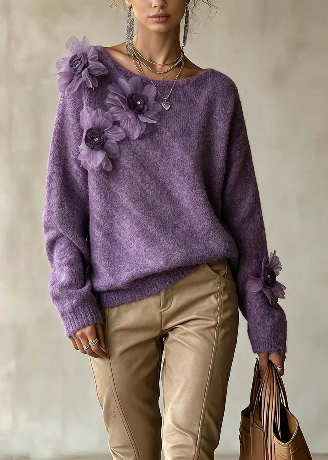 Women Purple O Neck Floral Decorated Knit Sweater Tops Fall