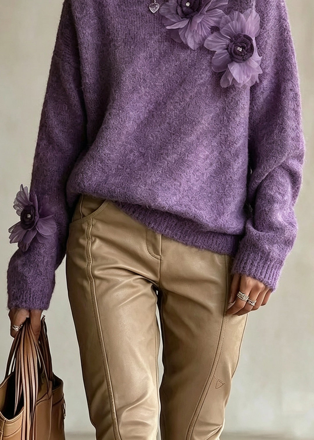 Women Purple O Neck Floral Decorated Knit Sweater Tops Fall