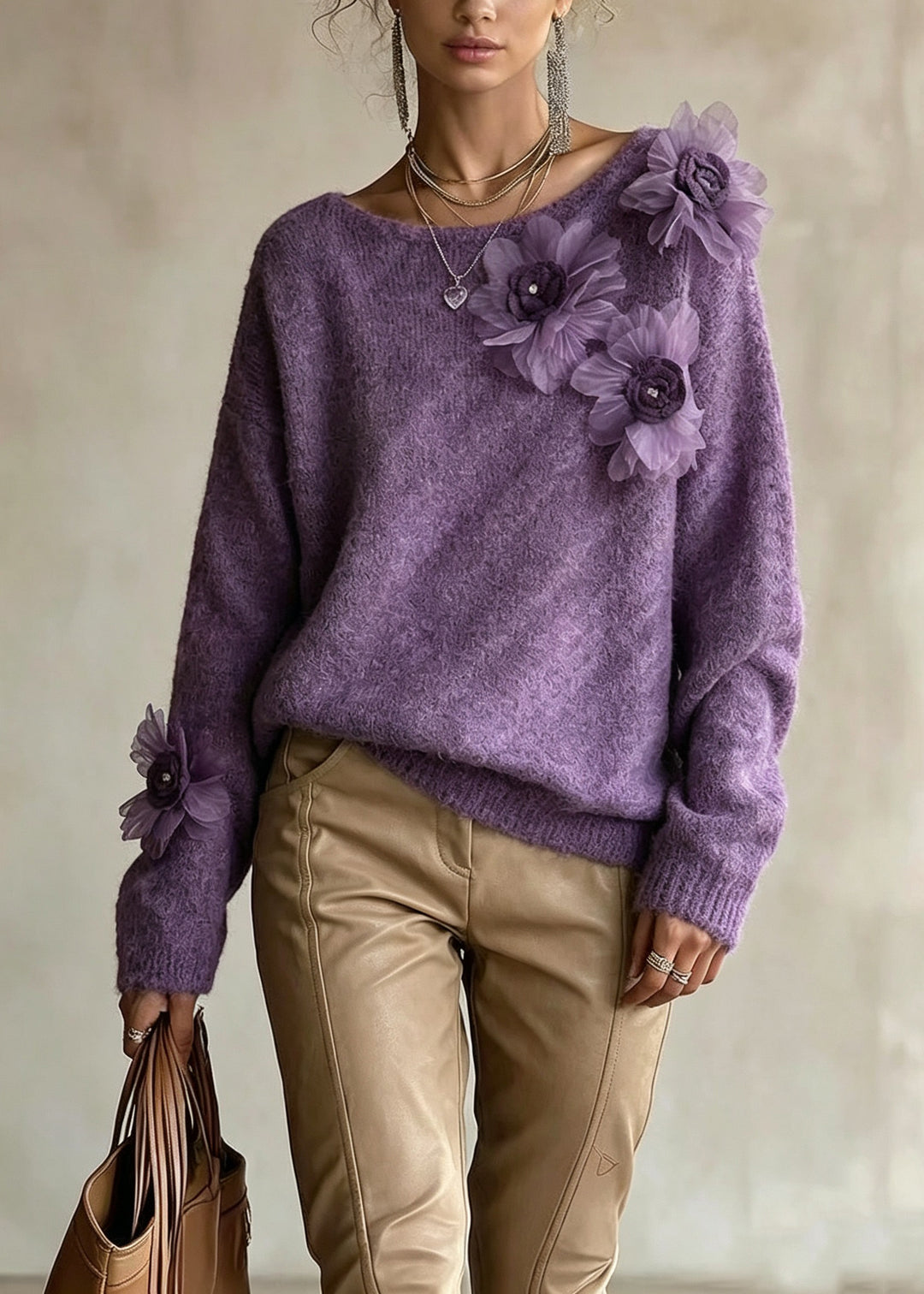 Women Purple O Neck Floral Decorated Knit Sweater Tops Fall