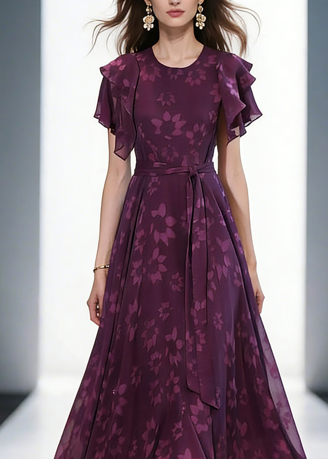 Women Purple O-Neck Print Ruffled Wrinkled Chiffon Maxi Dress Short Sleeve