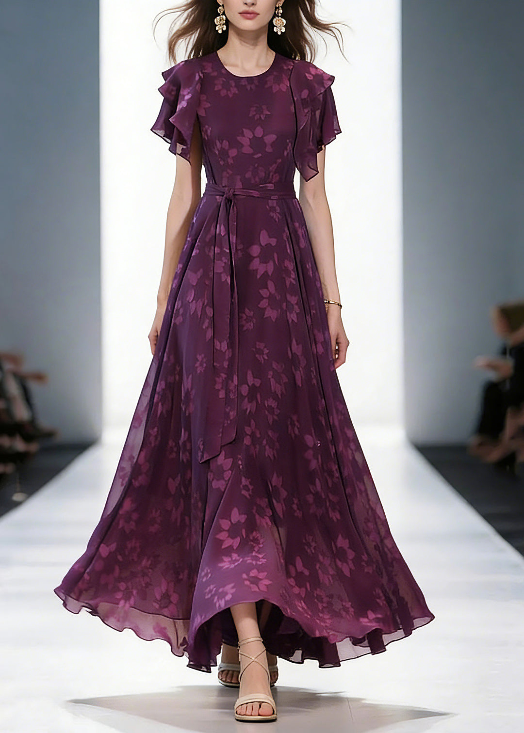 Women Purple O-Neck Print Ruffled Wrinkled Chiffon Maxi Dress Short Sleeve