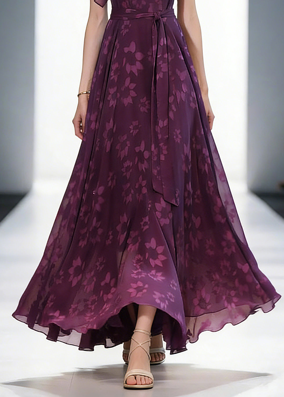 Women Purple O-Neck Print Ruffled Wrinkled Chiffon Maxi Dress Short Sleeve