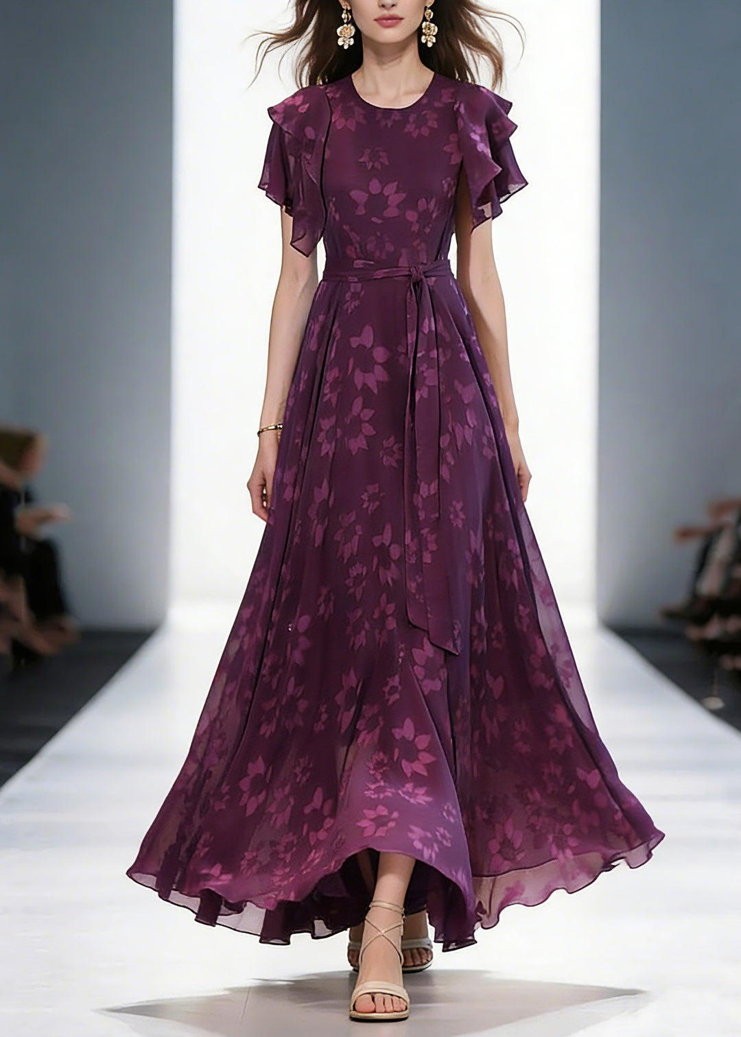 Women Purple O-Neck Print Ruffled Wrinkled Chiffon Maxi Dress Short Sleeve