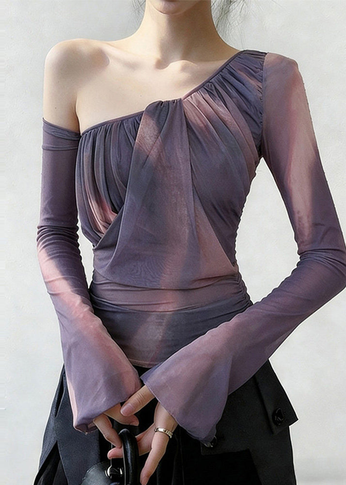 Women Purple One Shoulder Wrinkled Tulle Shirt Spring