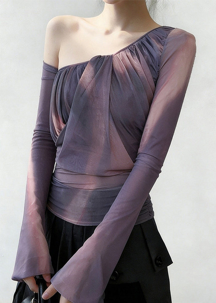 Women Purple One Shoulder Wrinkled Tulle Shirt Spring