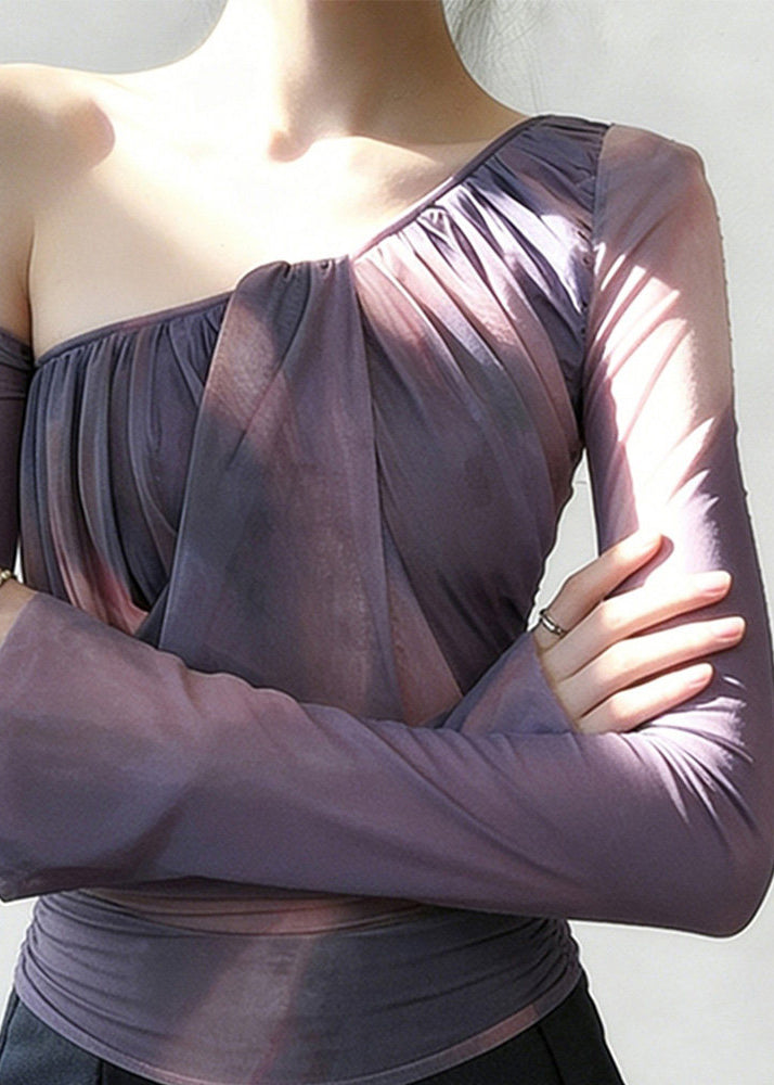 Women Purple One Shoulder Wrinkled Tulle Shirt Spring