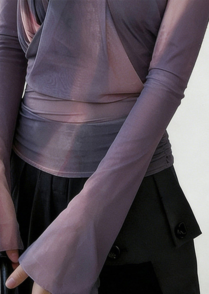 Women Purple One Shoulder Wrinkled Tulle Shirt Spring