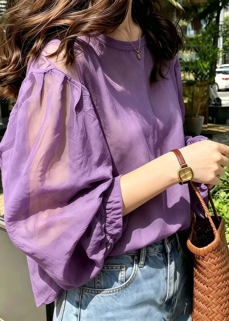 Women Purple Oversized Chiffon Top Lantern Sleeve