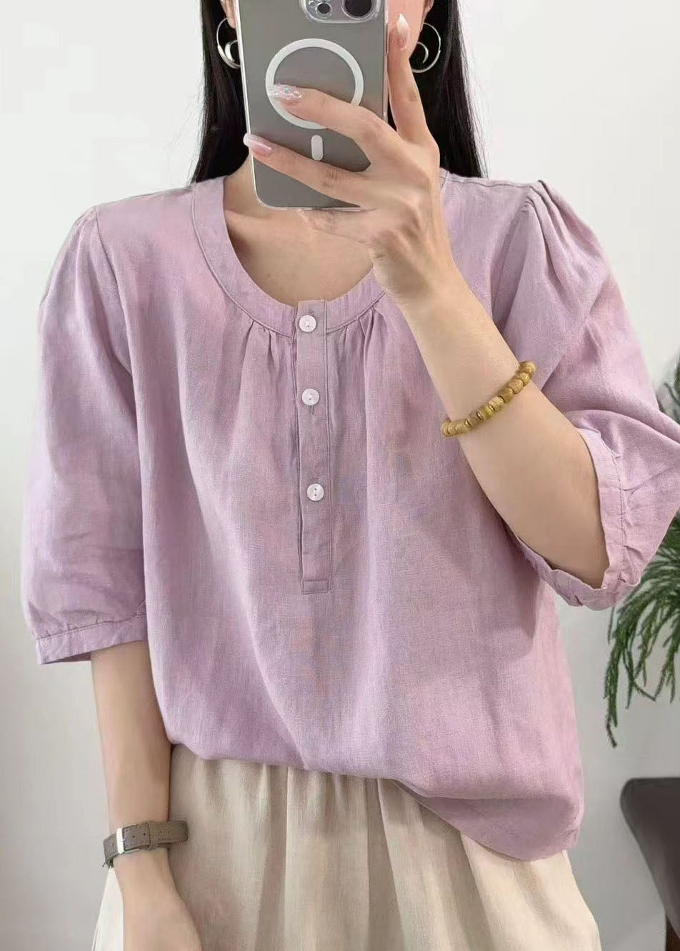 Women Purple Oversized Linen Top Half Sleeve