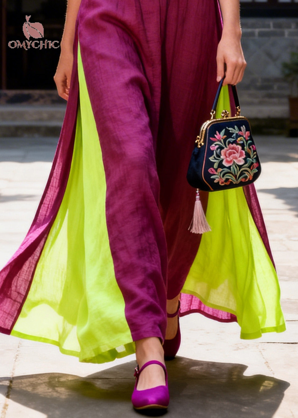 Women Purple Oversized Patchwork Chinese Button Cotton Maxi Dresses