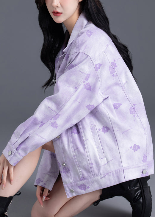 Women Purple Oversized Print Denim Coat Outwear Spring
