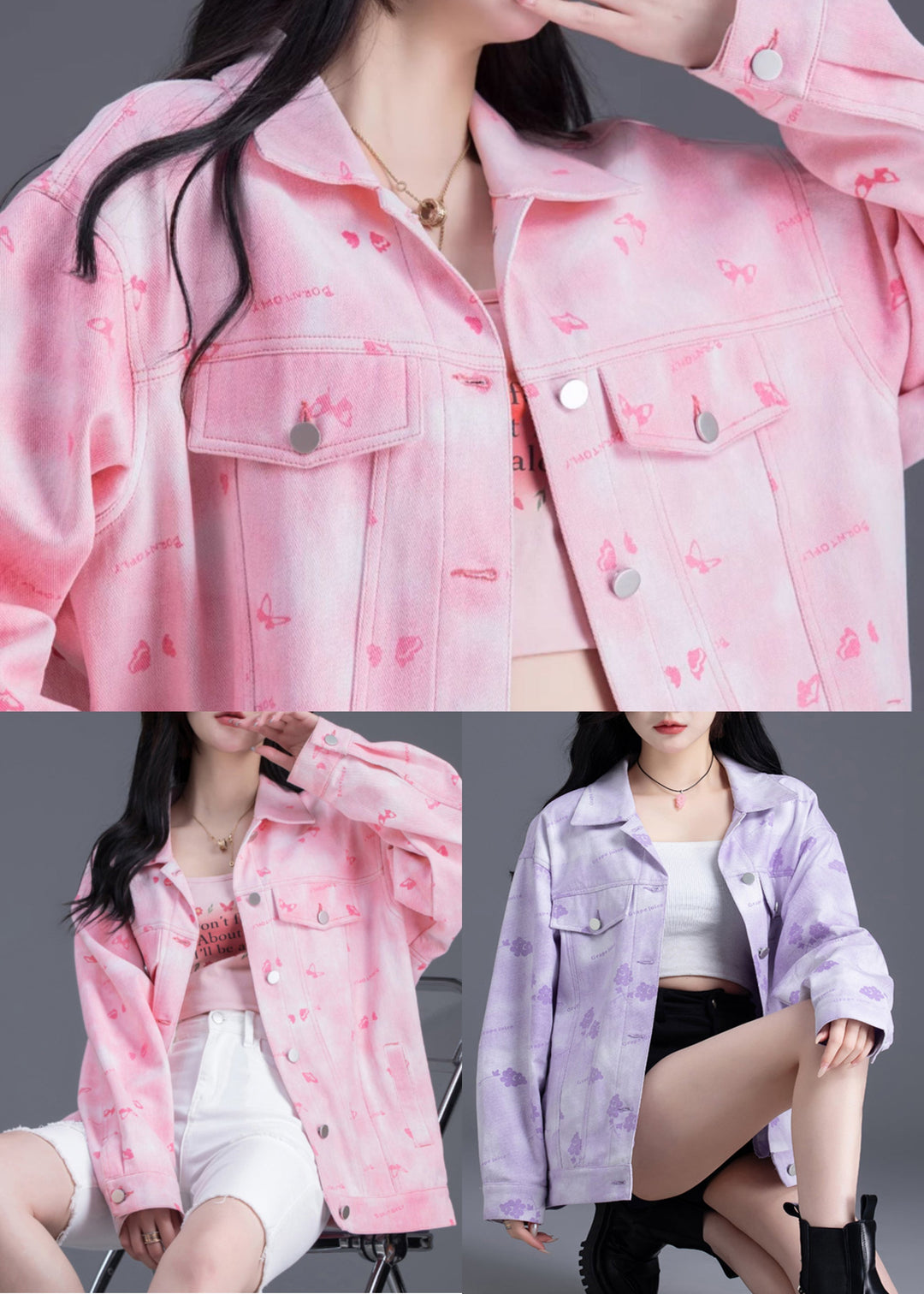 Women Purple Oversized Print Denim Coat Outwear Spring