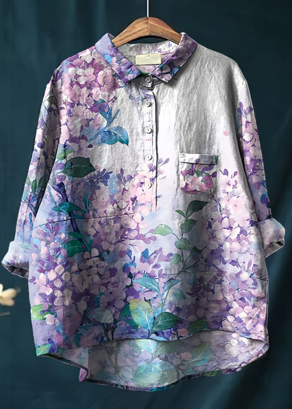 Women Purple Oversized Print Linen Shirt Top Spring