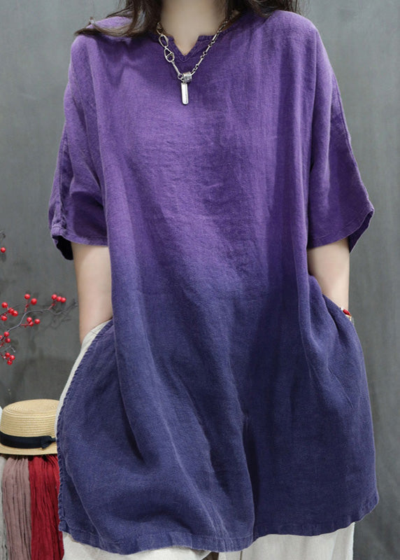 Women Purple Oversized Tie Dye Linen Top Summer