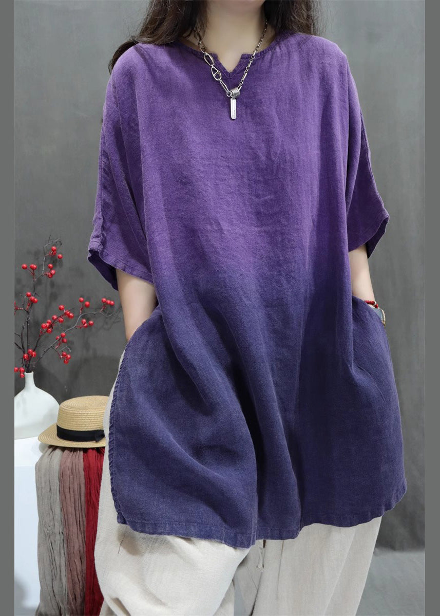 Women Purple Oversized Tie Dye Linen Top Summer