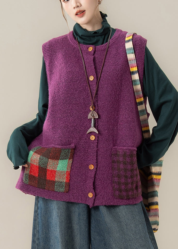 Women Purple Patchwork Button Cozy Cotton Knit Waistcoat Winter