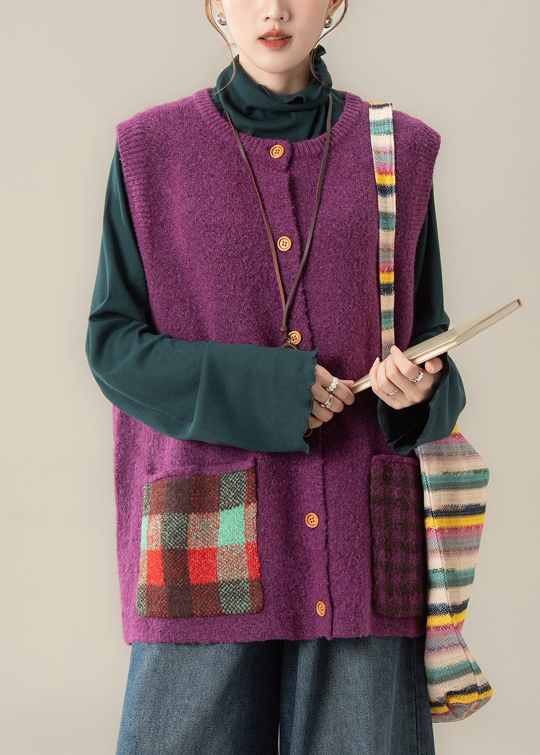 Women Purple Patchwork Button Cozy Cotton Knit Waistcoat Winter
