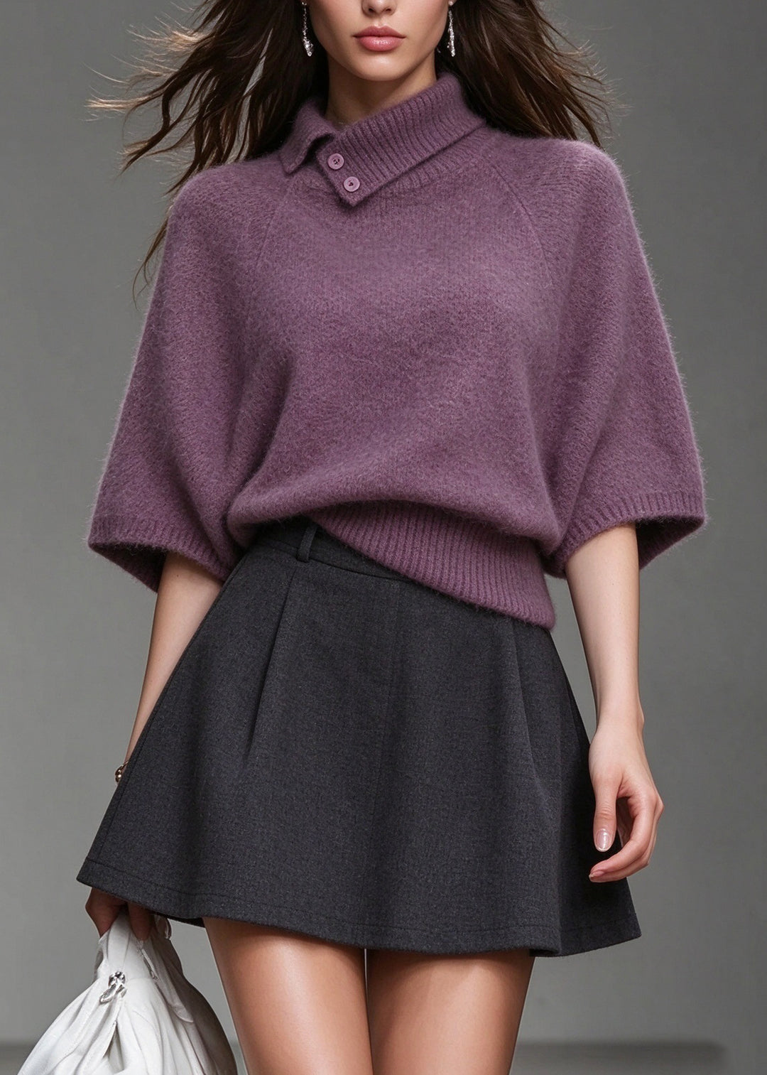 Women Purple Peter Pan Collar Patchwork Knit Sweaters Batwing Sleeve