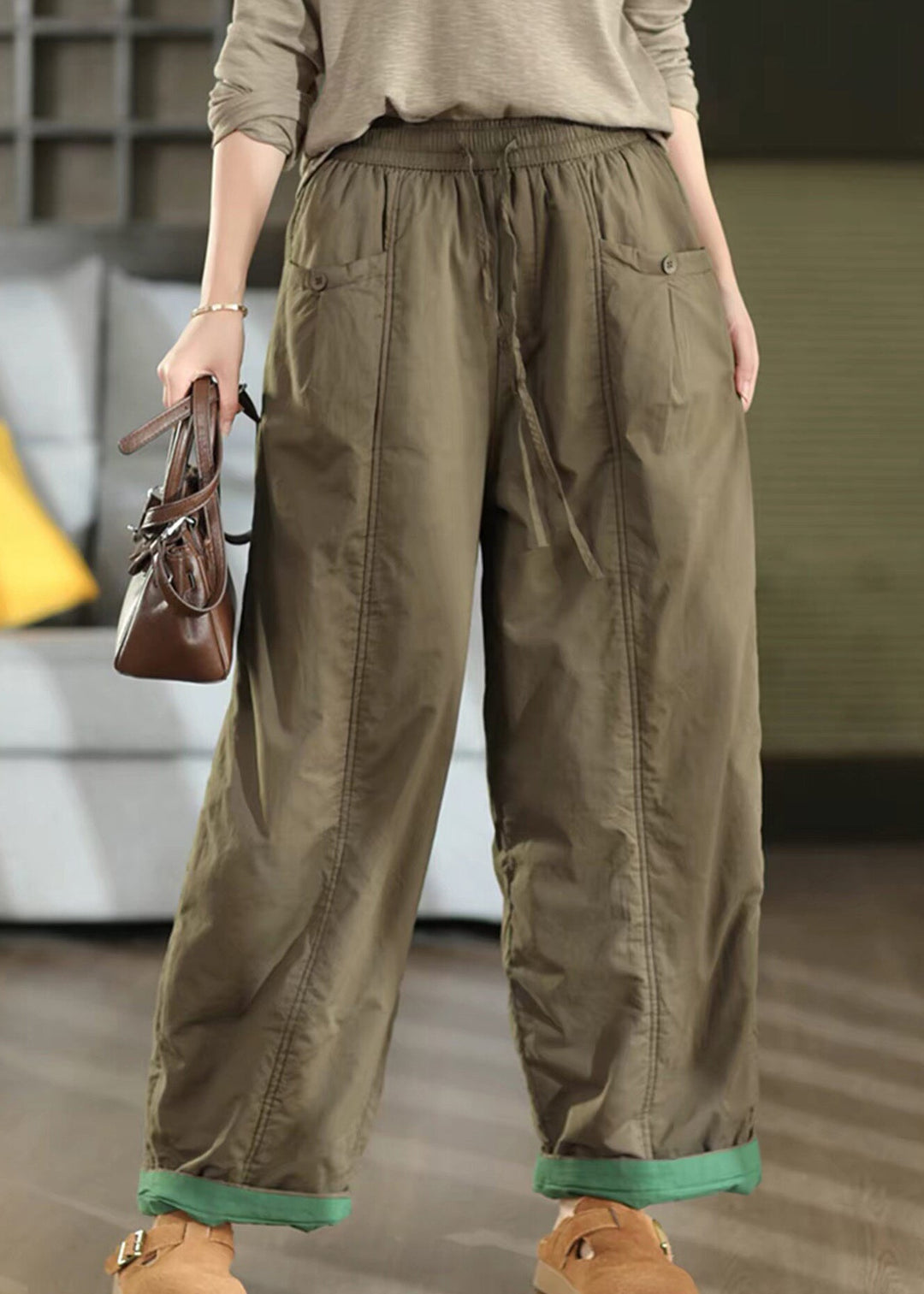 Women Purple Pockets Patchwork Elastic Waist Fine Cotton Filled Pants Winter