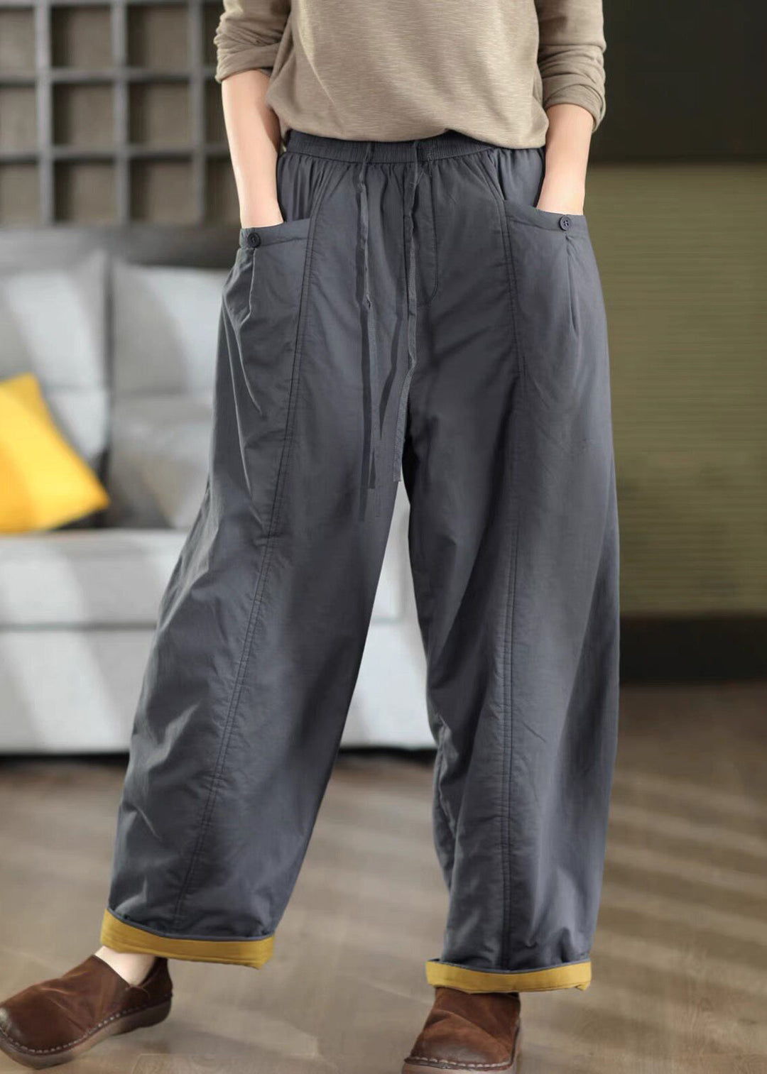 Women Purple Pockets Patchwork Elastic Waist Fine Cotton Filled Pants Winter