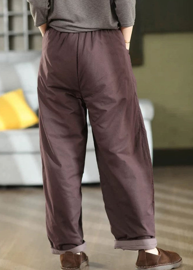 Women Purple Pockets Patchwork Elastic Waist Fine Cotton Filled Pants Winter