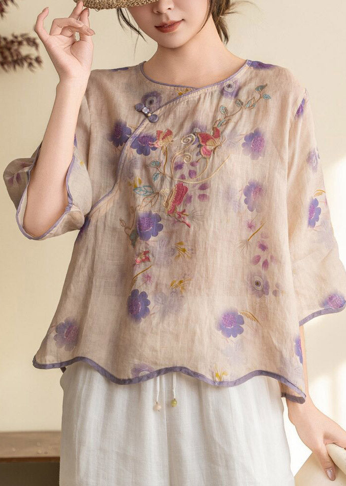Women Purple Print Button Linen Shirt Summer