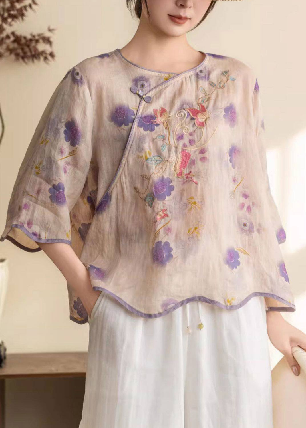 Women Purple Print Button Linen Shirt Summer