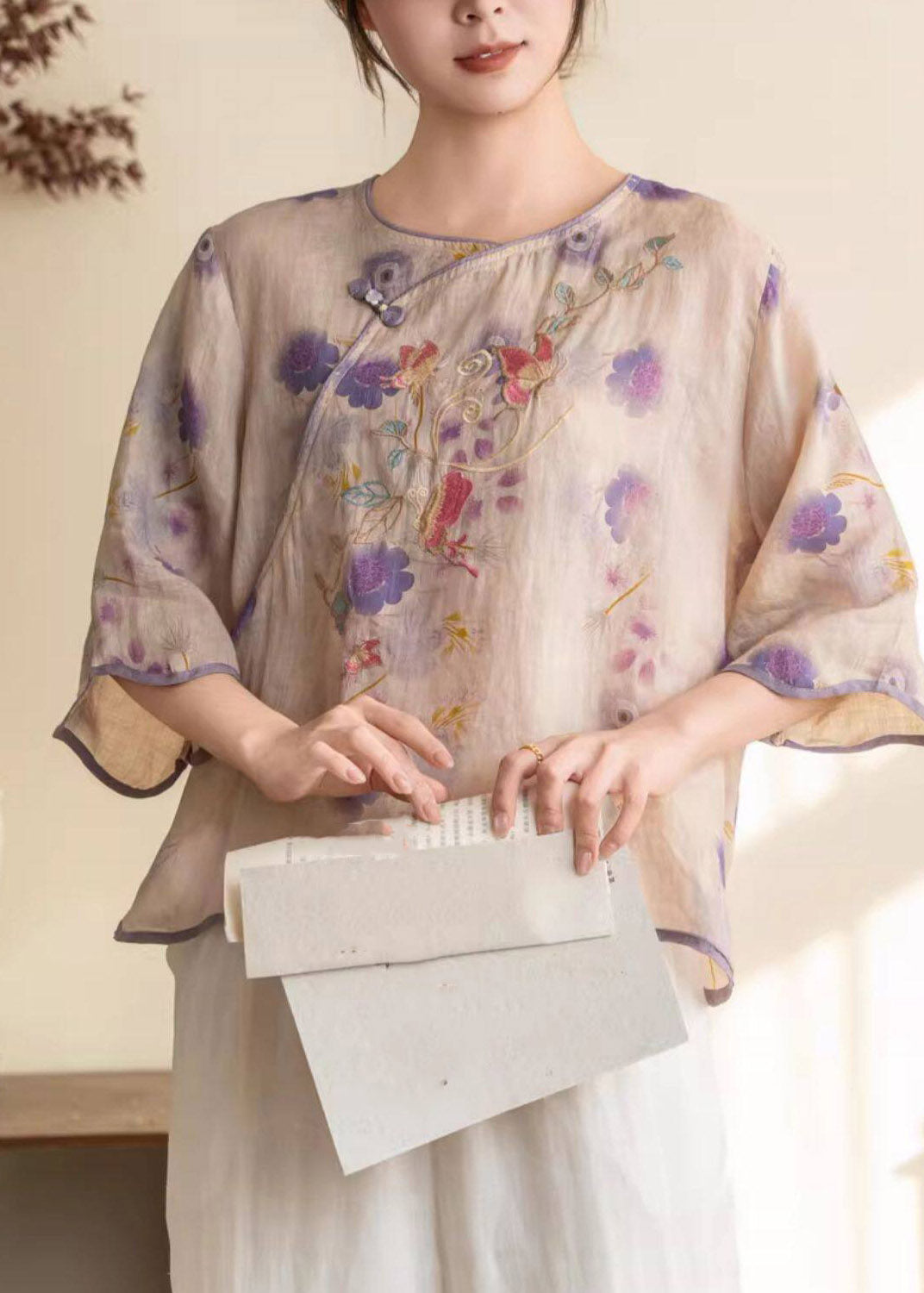 Women Purple Print Button Linen Shirt Summer