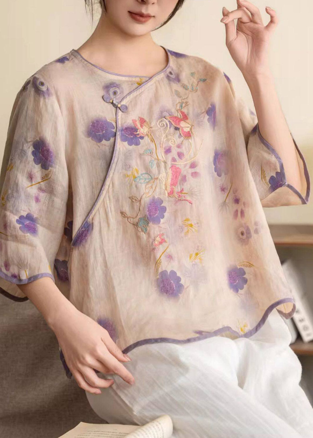 Women Purple Print Button Linen Shirt Summer