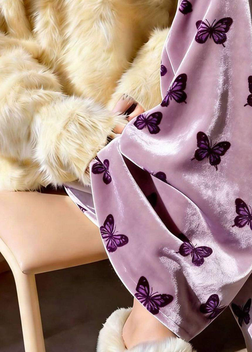 Women Purple Print Draping Silk Velvet Wide Leg Pants