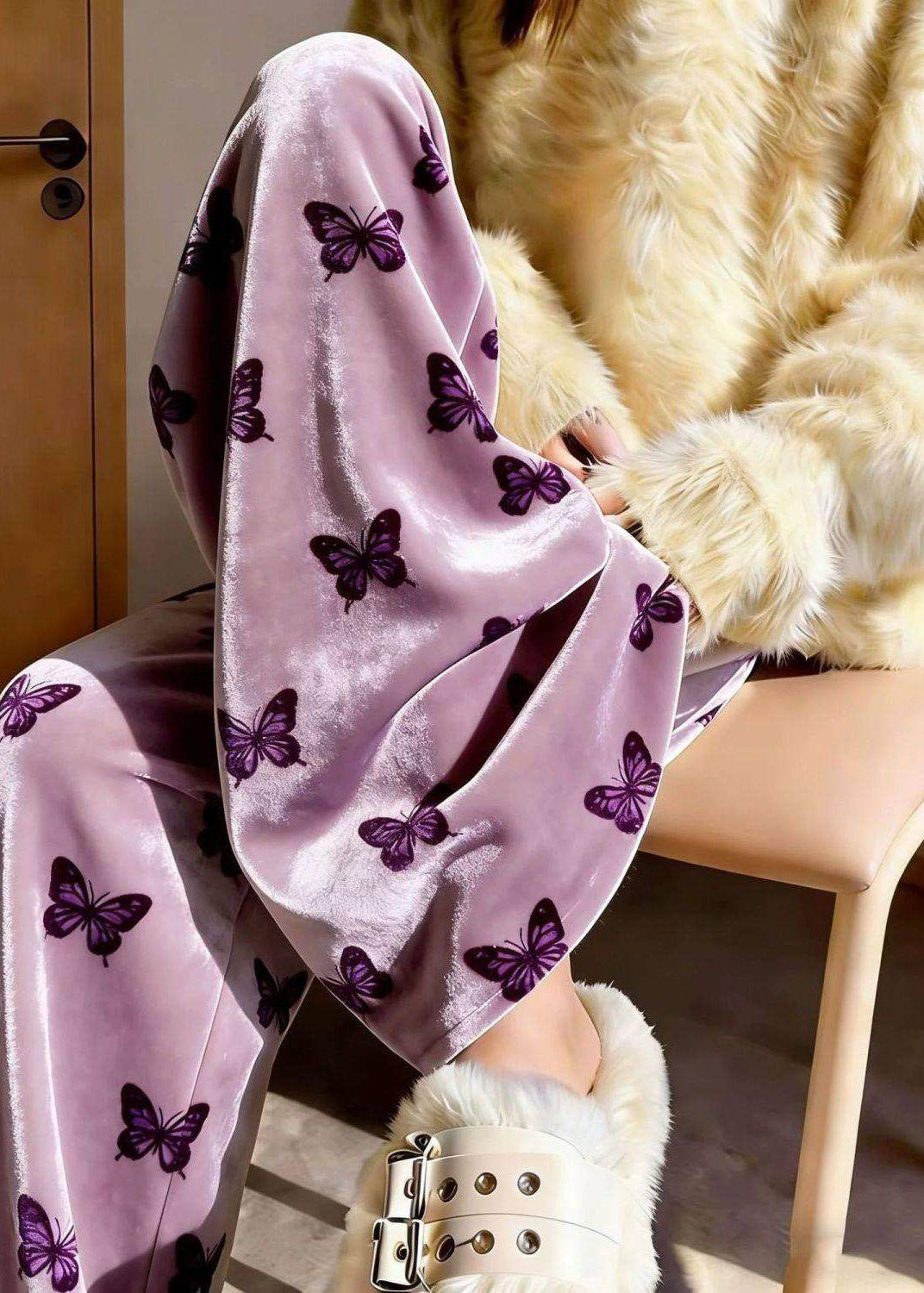 Women Purple Print Draping Silk Velvet Wide Leg Pants