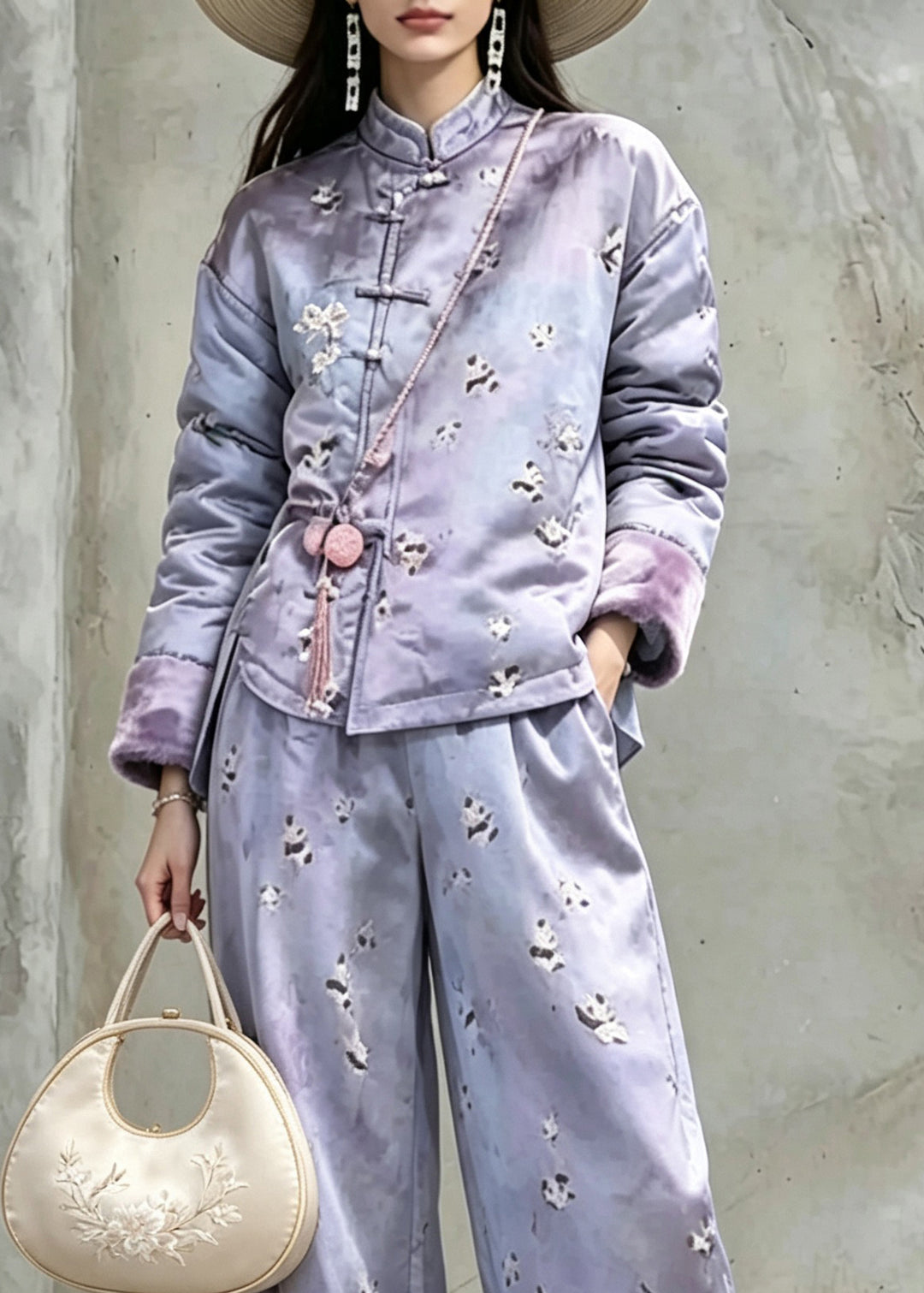 Women Purple Print Warm Fleece Coats And Pants Two Pieces Set Winter