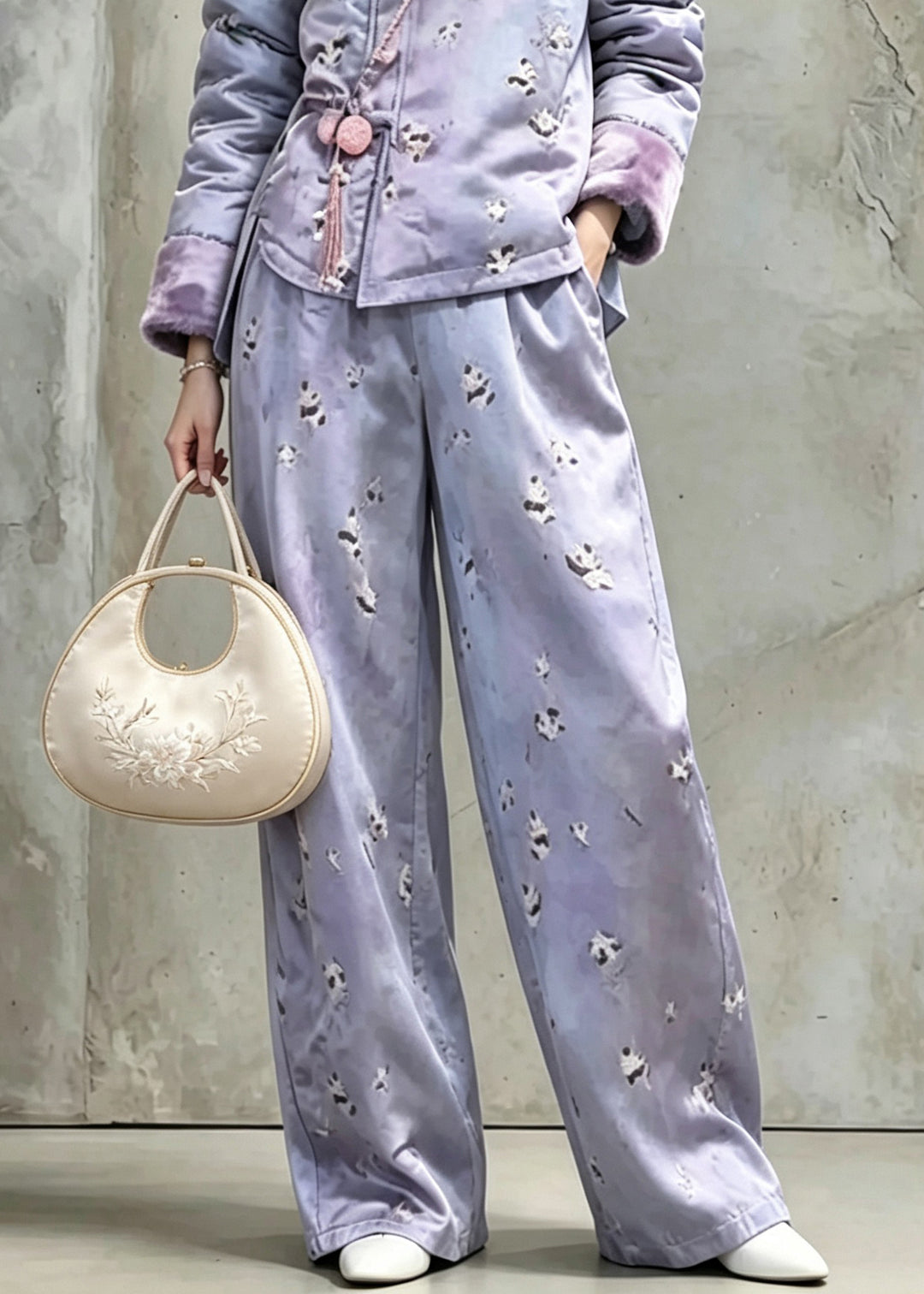 Women Purple Print Warm Fleece Coats And Pants Two Pieces Set Winter