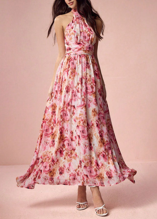 Women Purple Print Wrinkled Chiffon Long Dress Sleeveless