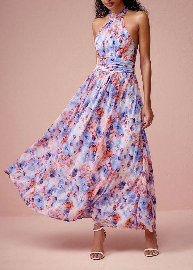 Women Purple Print Wrinkled Chiffon Long Dress Sleeveless