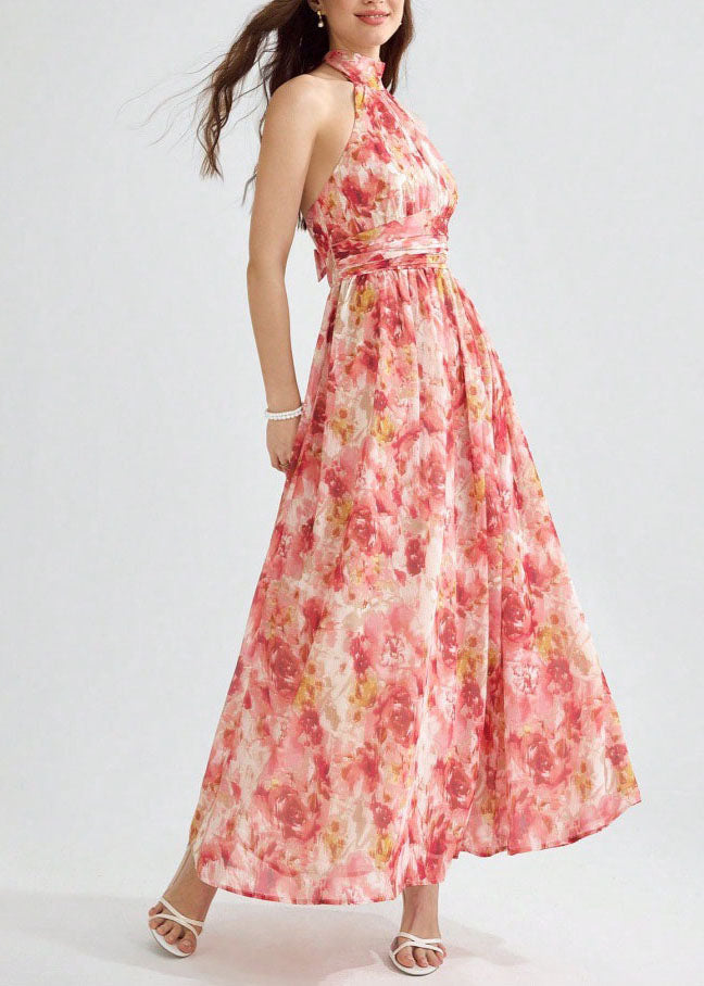 Women Purple Print Wrinkled Chiffon Long Dress Sleeveless