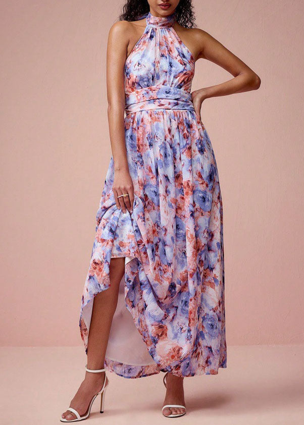 Women Purple Print Wrinkled Chiffon Long Dress Sleeveless