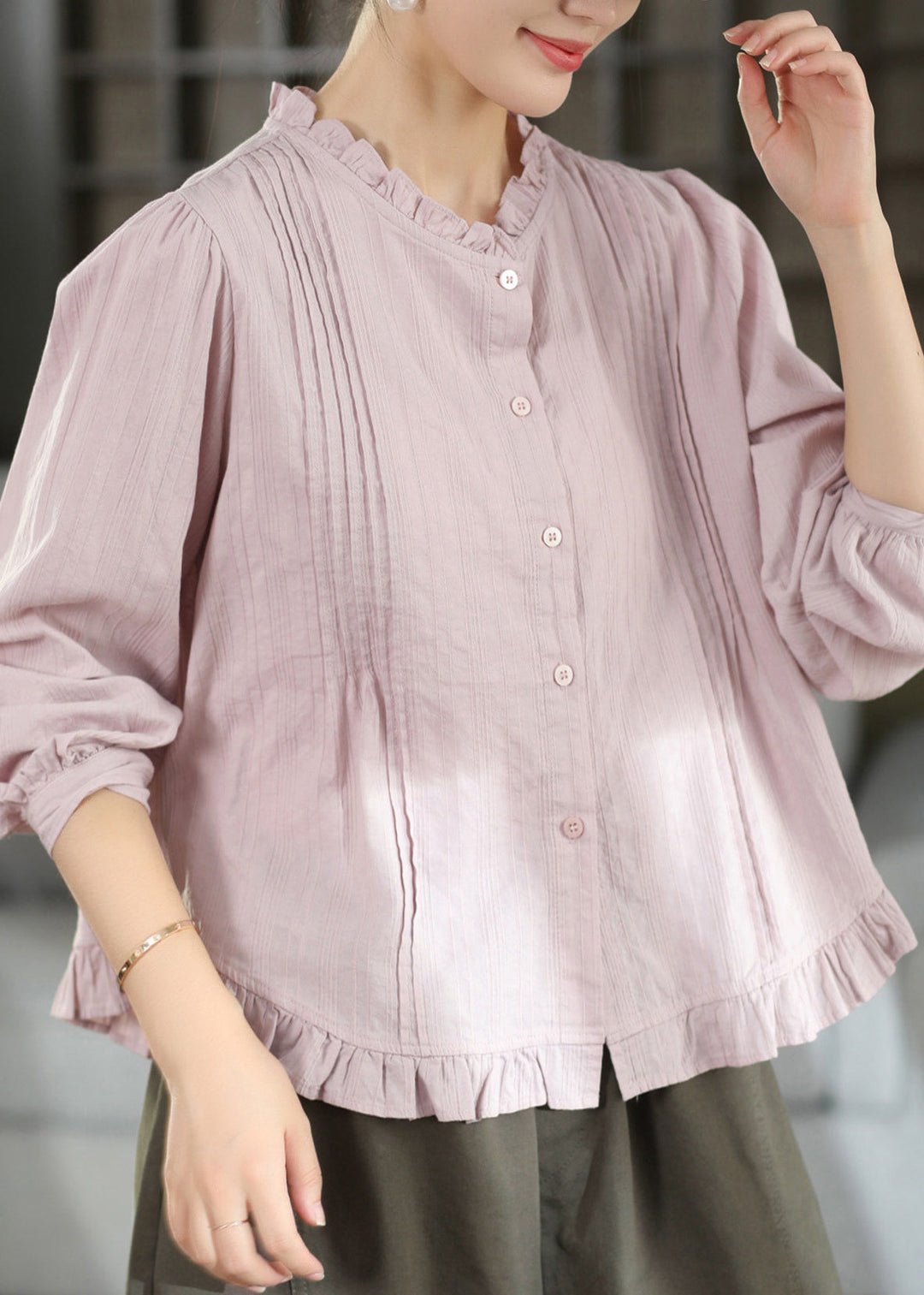 Women Purple Ruffled Button Patchwork Cotton Shirt Fall