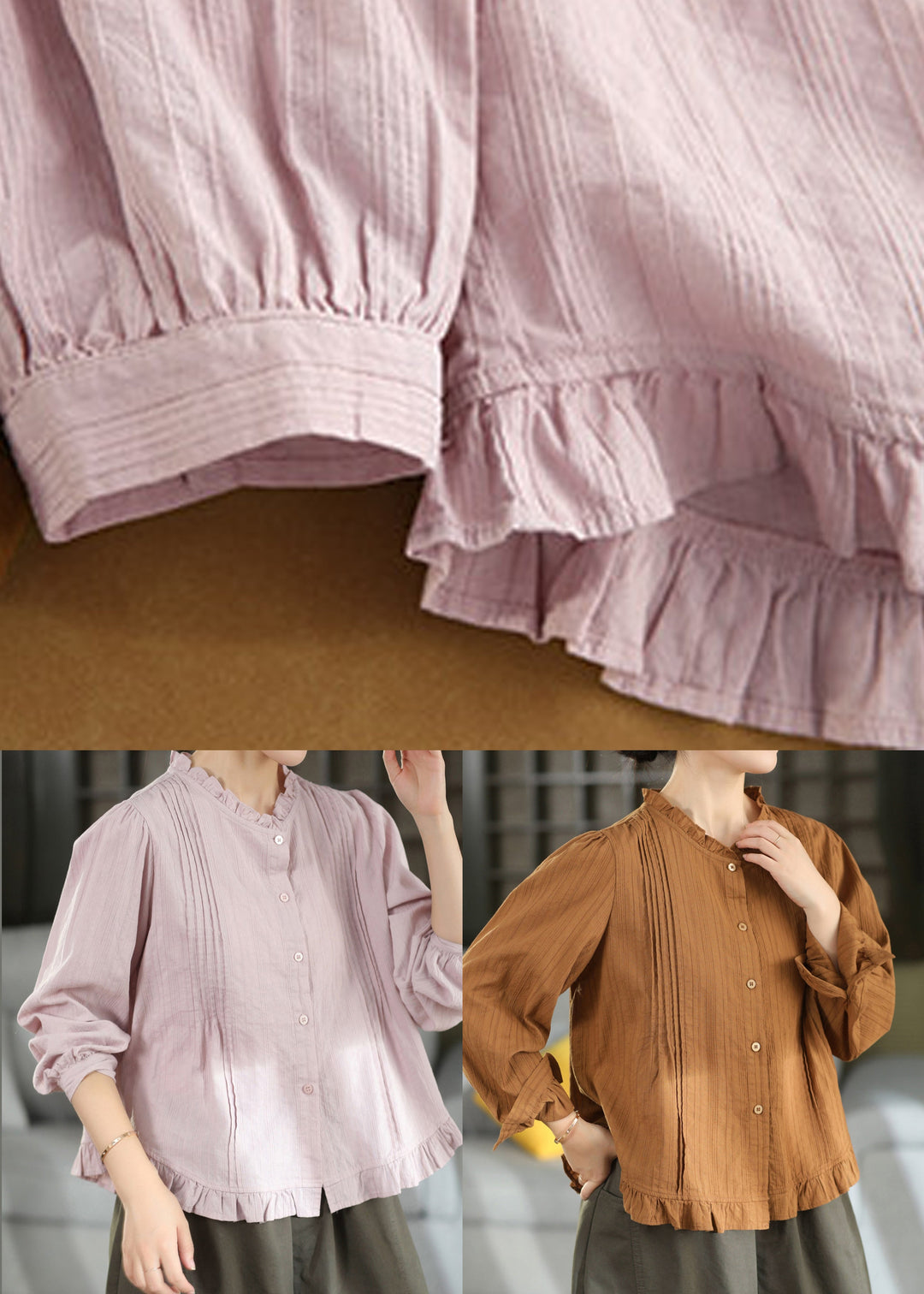 Women Purple Ruffled Button Patchwork Cotton Shirt Fall
