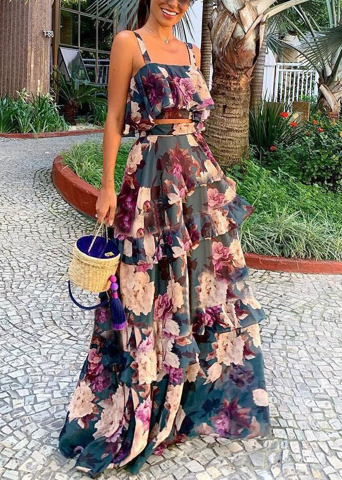 Women Purple Ruffled Print Patchwork Two Piece Set Summer
